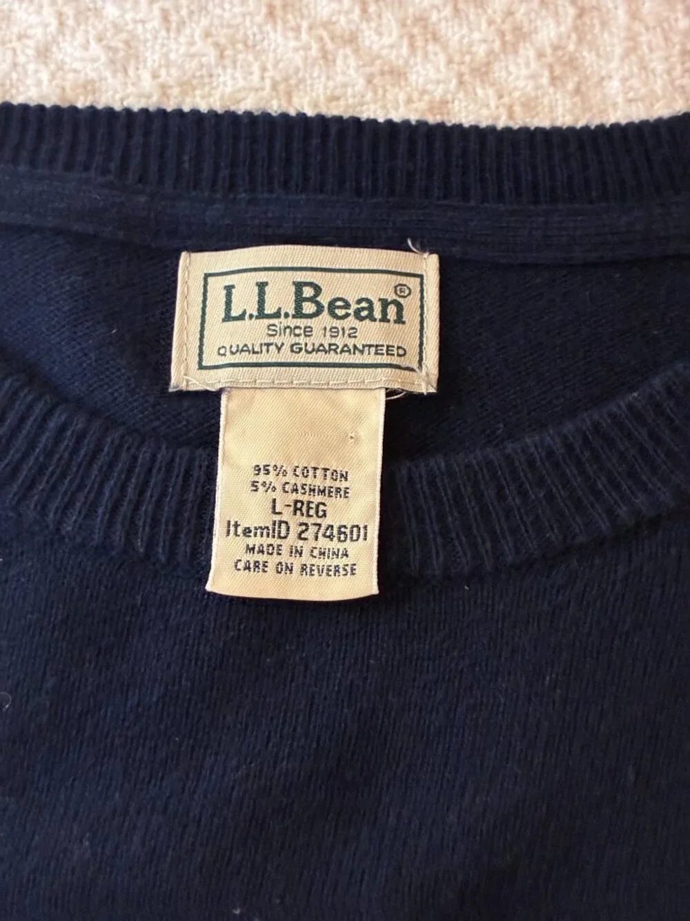 L.L. Bean Men's Large Navy Cotton Cashmere Crewneck Sweater Quiet Luxury